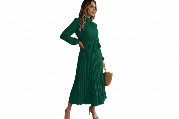 Damen-Midikleid mit Falten, langen Ärmeln und Taillengürtel-Midi Dress-Alpenkind