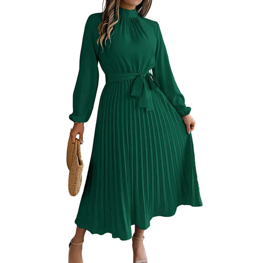 Damen-Midikleid mit Falten, langen Ärmeln und Taillengürtel-Midi Dress-Alpenkind