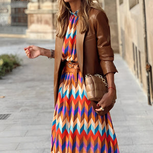 Damen Midikleid mit geometrischem Muster, Stehkragen und Gürtel-Midi Dress-Alpenkind
