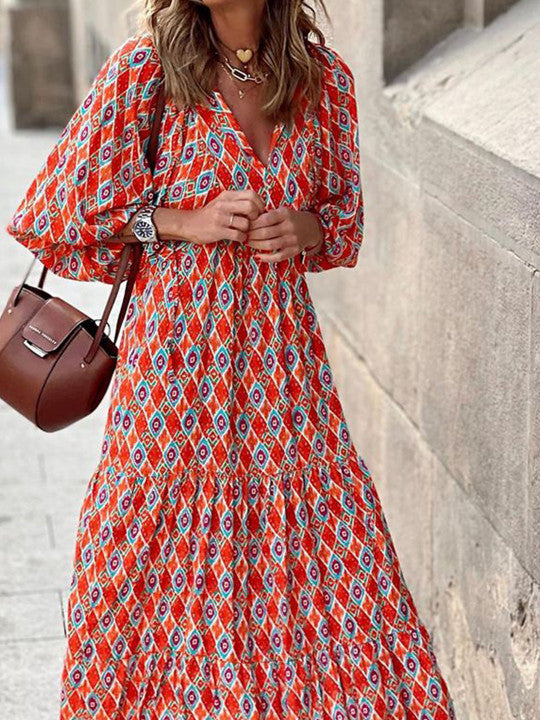 Damen Midikleid mit geometrischem Muster, Stehkragen und Gürtel-Midi Dress-Alpenkind