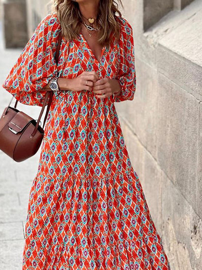 Damen Midikleid mit geometrischem Muster, Stehkragen und Gürtel-Midi Dress-Alpenkind