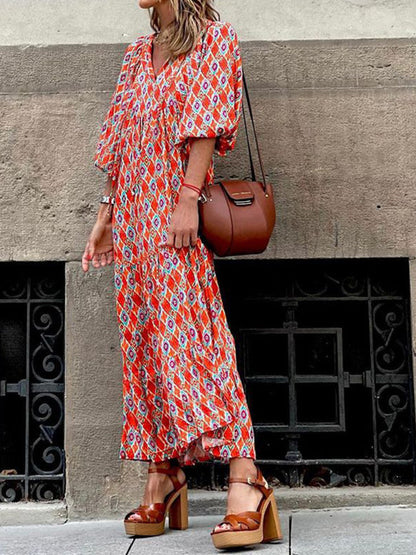Damen Midikleid mit geometrischem Muster, Stehkragen und Gürtel-Midi Dress-Alpenkind