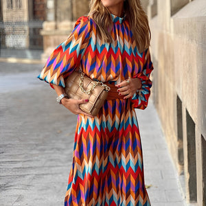Damen Midikleid mit geometrischem Muster, Stehkragen und Gürtel-Midi Dress-Alpenkind