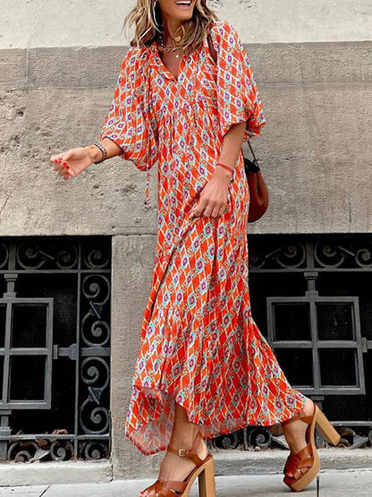 Damen Midikleid mit geometrischem Muster, Stehkragen und Gürtel-Midi Dress-Alpenkind