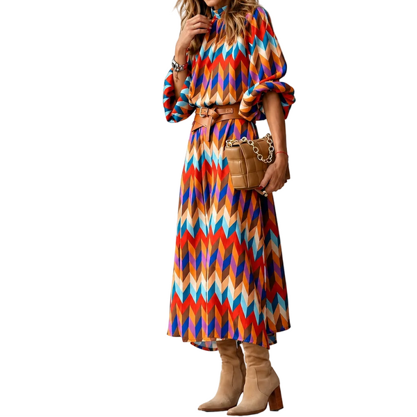 Damen Midikleid mit geometrischem Muster, Stehkragen und Gürtel-Midi Dress-Alpenkind