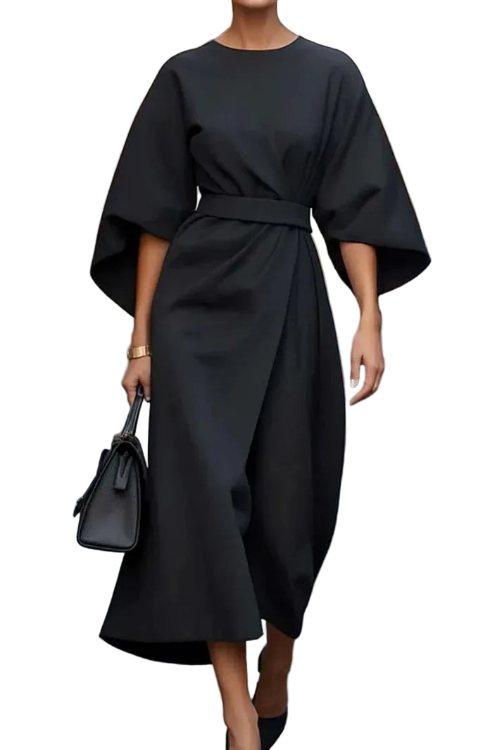 Damen Midikleid mit Gürtel und Weiten Ärmeln-Midi Dress-Alpenkind