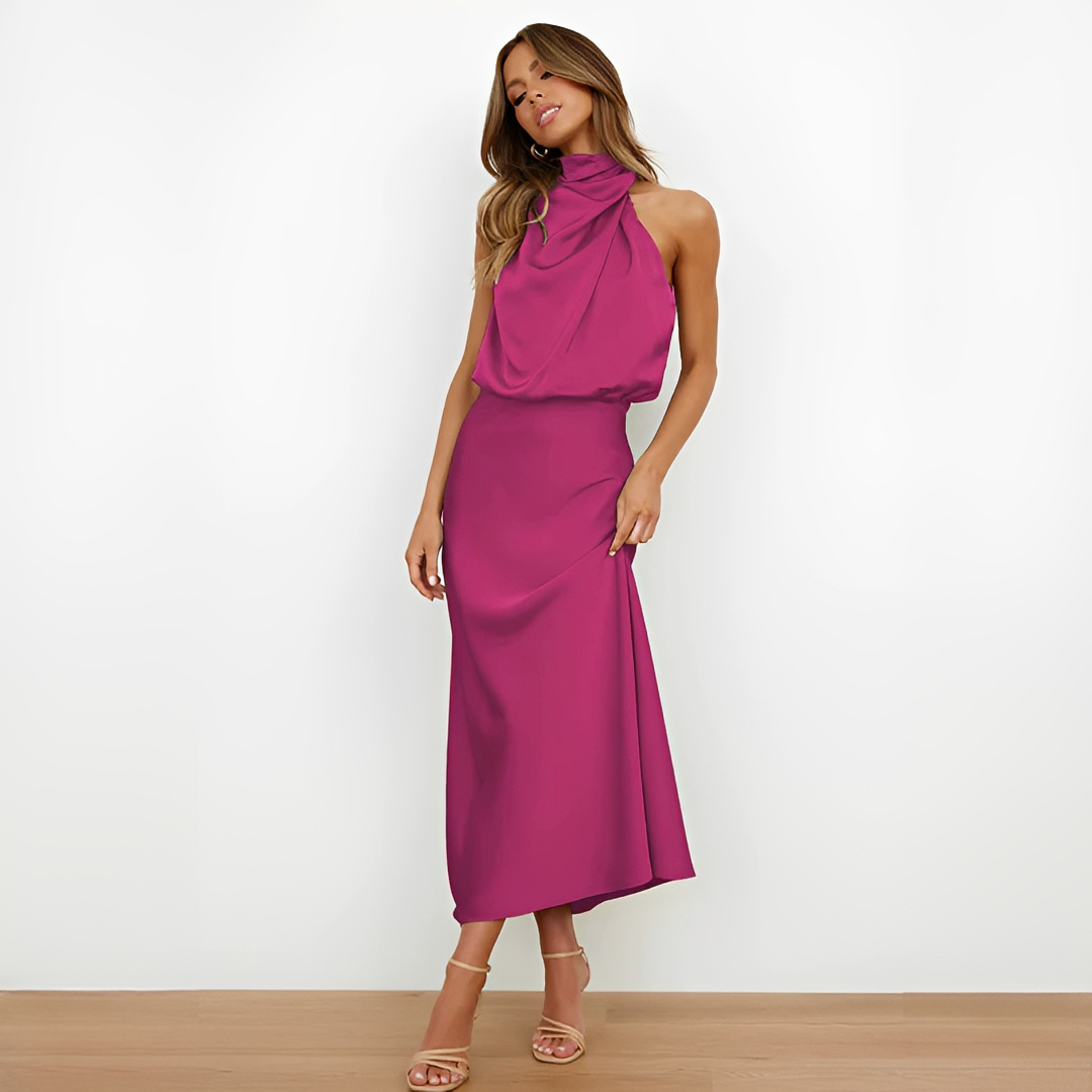 Damen Midikleid mit Halterkragen und drapiertem Oberteil-Midi Dress-Alpenkind