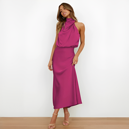 Damen Midikleid mit Halterkragen und drapiertem Oberteil-Midi Dress-Alpenkind
