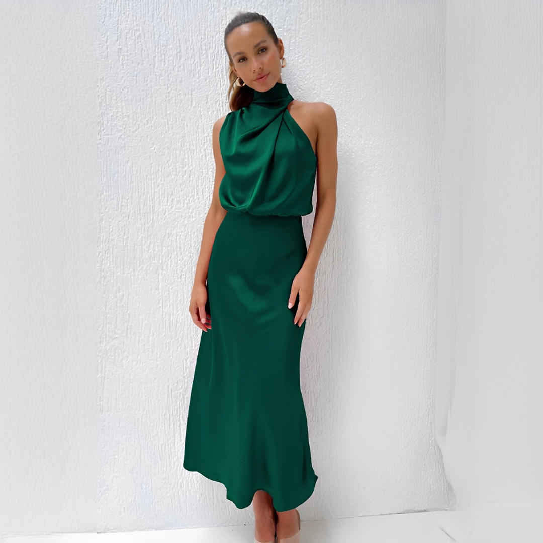 Damen Midikleid mit Halterkragen und drapiertem Oberteil-Midi Dress-Alpenkind