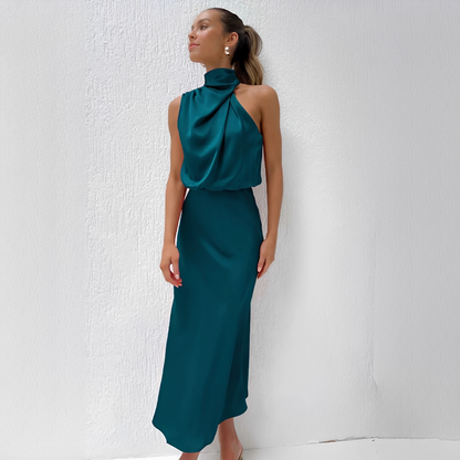 Damen Midikleid mit Halterkragen und drapiertem Oberteil-Midi Dress-Alpenkind