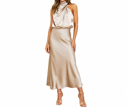 Damen Midikleid mit Halterkragen und drapiertem Oberteil-Midi Dress-Alpenkind