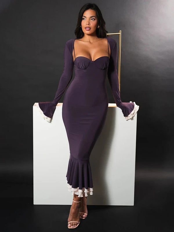 Damen Midikleid mit herzförmigem Ausschnitt, langen Ärmeln und Rüschenabschlüssen-Midi Dress-Alpenkind
