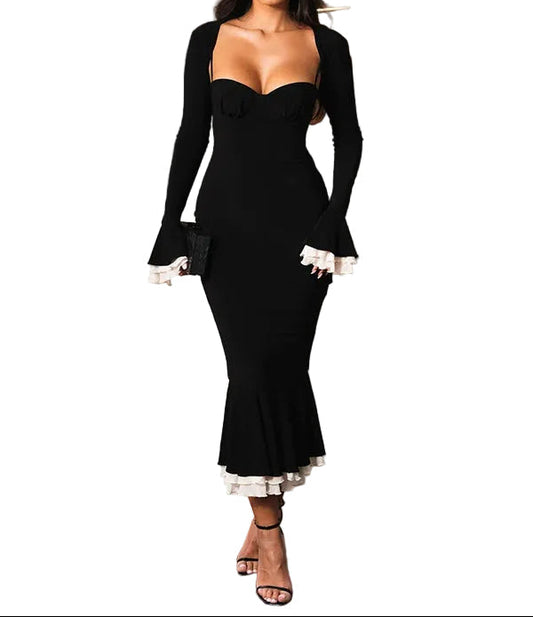Damen Midikleid mit herzförmigem Ausschnitt, langen Ärmeln und Rüschenabschlüssen-Midi Dress-Alpenkind
