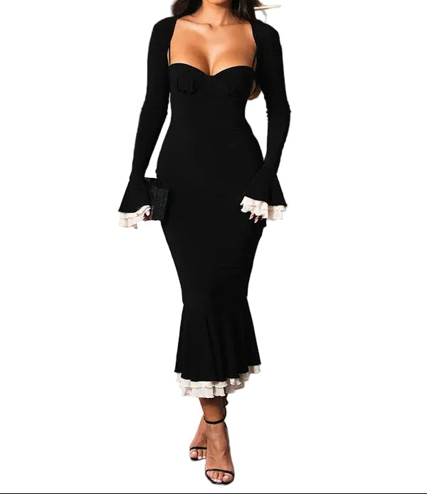 Damen Midikleid mit herzförmigem Ausschnitt, langen Ärmeln und Rüschenabschlüssen-Midi Dress-Alpenkind