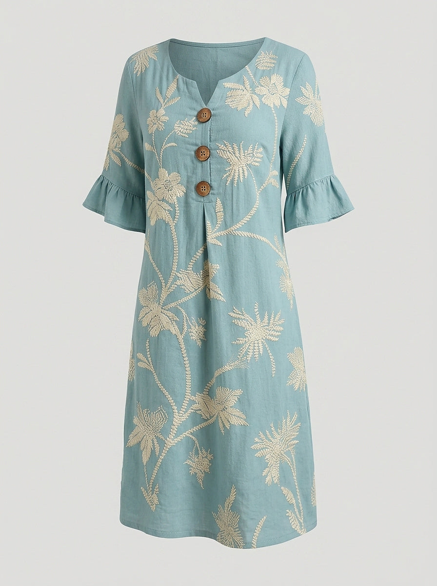 Damen-Midikleid mit Knöpfen und Blumenstickerei-Midi Dress-Alpenkind