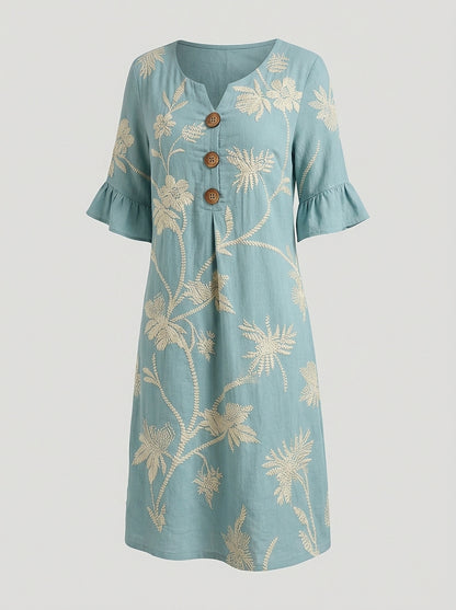 Damen-Midikleid mit Knöpfen und Blumenstickerei-Midi Dress-Alpenkind