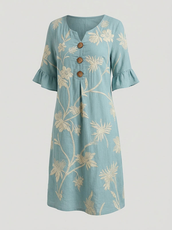Damen-Midikleid mit Knöpfen und Blumenstickerei-Midi Dress-Alpenkind