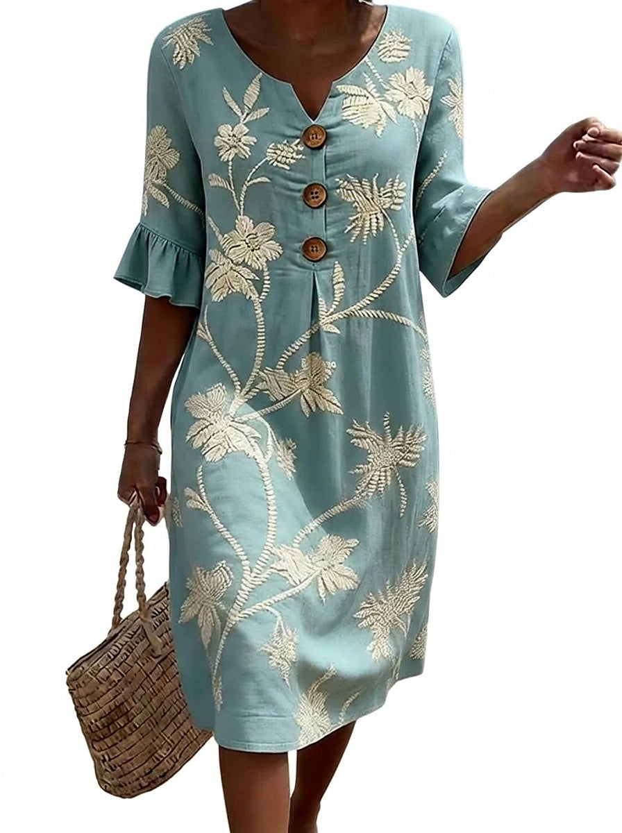 Damen-Midikleid mit Knöpfen und Blumenstickerei-Midi Dress-Alpenkind