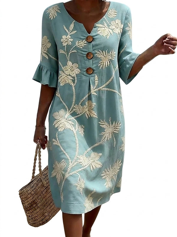 Damen-Midikleid mit Knöpfen und Blumenstickerei-Midi Dress-Alpenkind