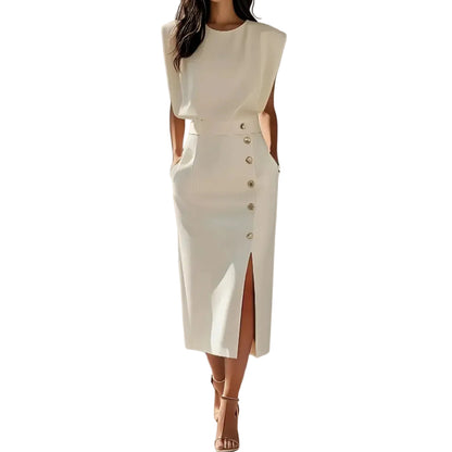 Damen Midikleid mit Knopfleiste und Frontschlitz-Midi Dress-Alpenkind
