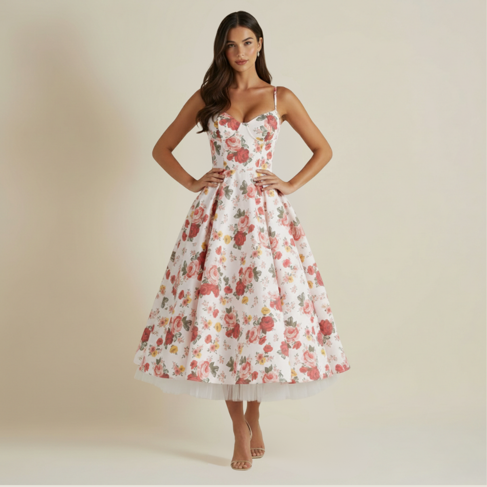 Damen Midikleid mit Korsettoberteil und schmalen Trägern-Midi Dress-Alpenkind