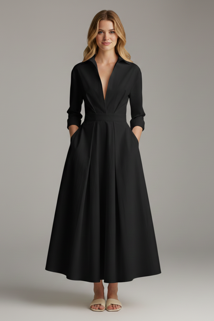 Damen Midikleid mit Kragen, V-Ausschnitt und Faltenrock-Midi Dress-Alpenkind