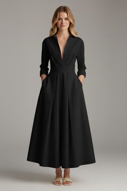 Damen Midikleid mit Kragen, V-Ausschnitt und Faltenrock-Midi Dress-Alpenkind