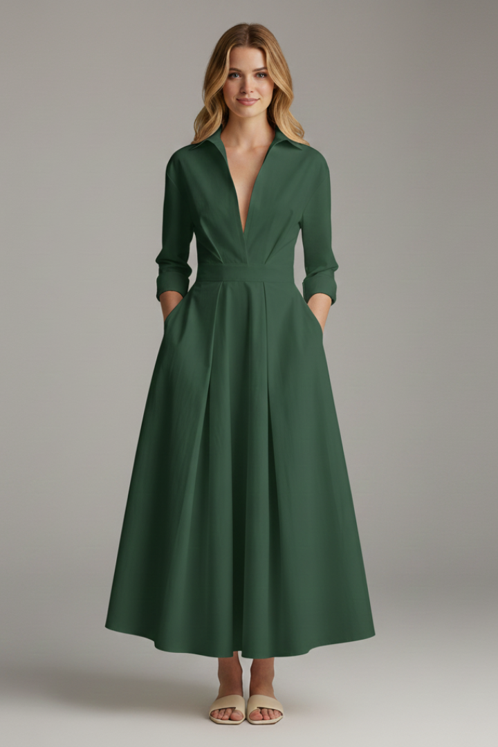 Damen Midikleid mit Kragen, V-Ausschnitt und Faltenrock-Midi Dress-Alpenkind