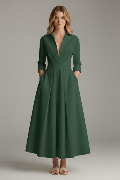 Damen Midikleid mit Kragen, V-Ausschnitt und Faltenrock-Midi Dress-Alpenkind