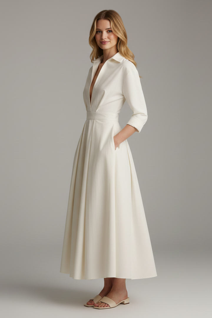 Damen Midikleid mit Kragen, V-Ausschnitt und Faltenrock-Midi Dress-Alpenkind