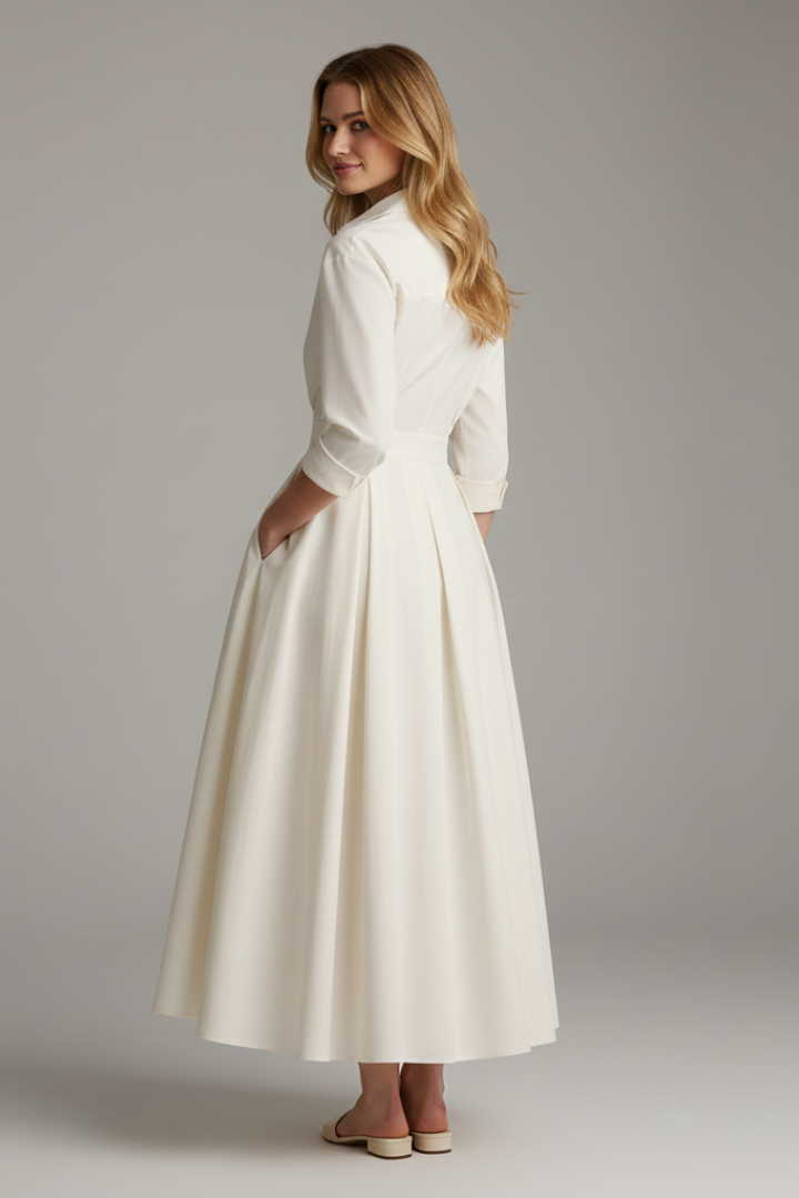 Damen Midikleid mit Kragen, V-Ausschnitt und Faltenrock-Midi Dress-Alpenkind