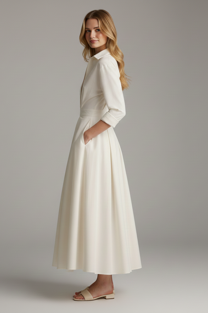 Damen Midikleid mit Kragen, V-Ausschnitt und Faltenrock-Midi Dress-Alpenkind
