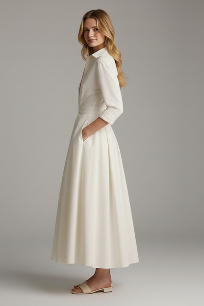 Damen Midikleid mit Kragen, V-Ausschnitt und Faltenrock-Midi Dress-Alpenkind