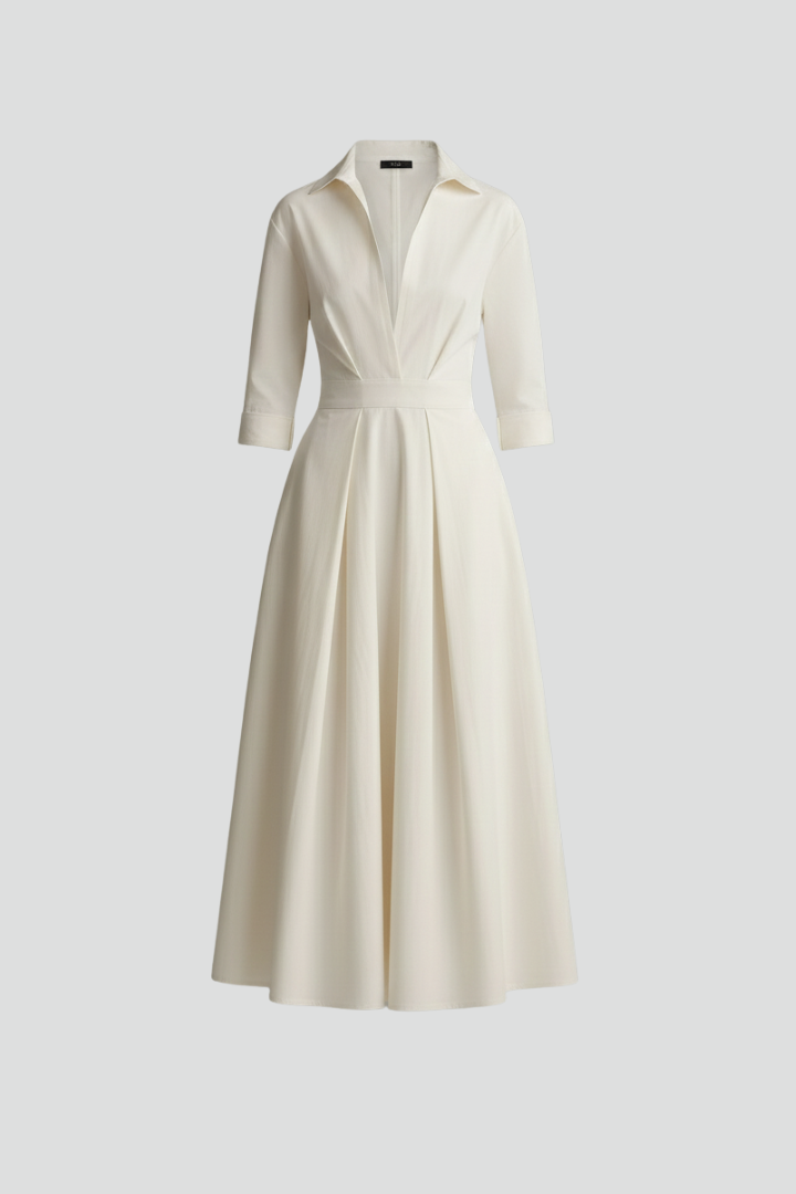 Damen Midikleid mit Kragen, V-Ausschnitt und Faltenrock-Midi Dress-Alpenkind