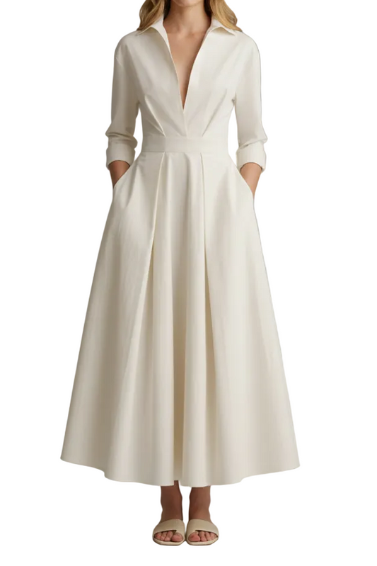 Damen Midikleid mit Kragen, V-Ausschnitt und Faltenrock-Midi Dress-Alpenkind