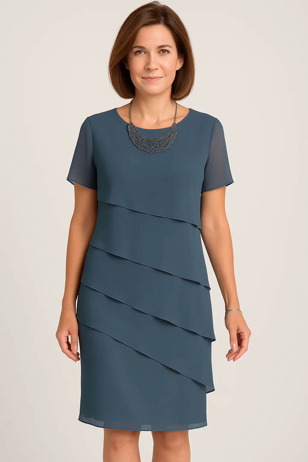 Damen Midikleid mit kurzen Ärmeln, Rundhalsausschnitt und asymmetrischen Lagen-Midi Dress-Alpenkind