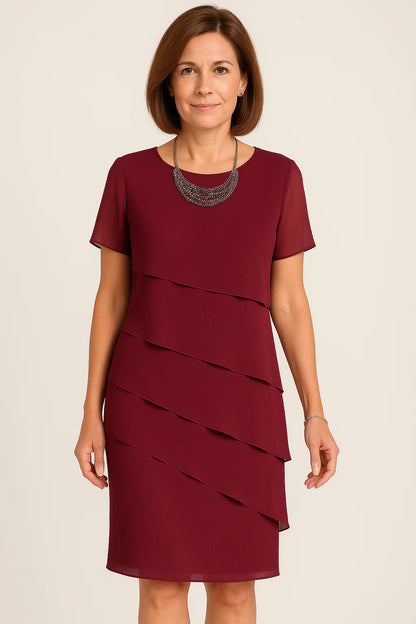 Damen Midikleid mit kurzen Ärmeln, Rundhalsausschnitt und asymmetrischen Lagen-Midi Dress-Alpenkind