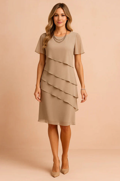 Damen Midikleid mit kurzen Ärmeln, Rundhalsausschnitt und asymmetrischen Lagen-Midi Dress-Alpenkind