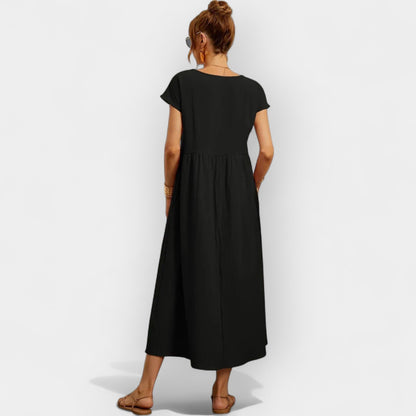 Damen-Midikleid mit kurzen Ärmeln und Seitentaschen-Midi Dress-Alpenkind