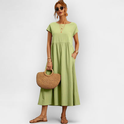 Damen-Midikleid mit kurzen Ärmeln und Seitentaschen-Midi Dress-Alpenkind