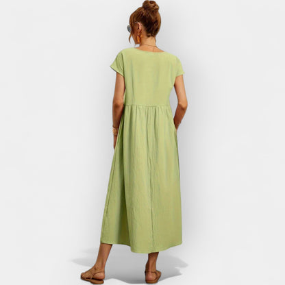 Damen-Midikleid mit kurzen Ärmeln und Seitentaschen-Midi Dress-Alpenkind