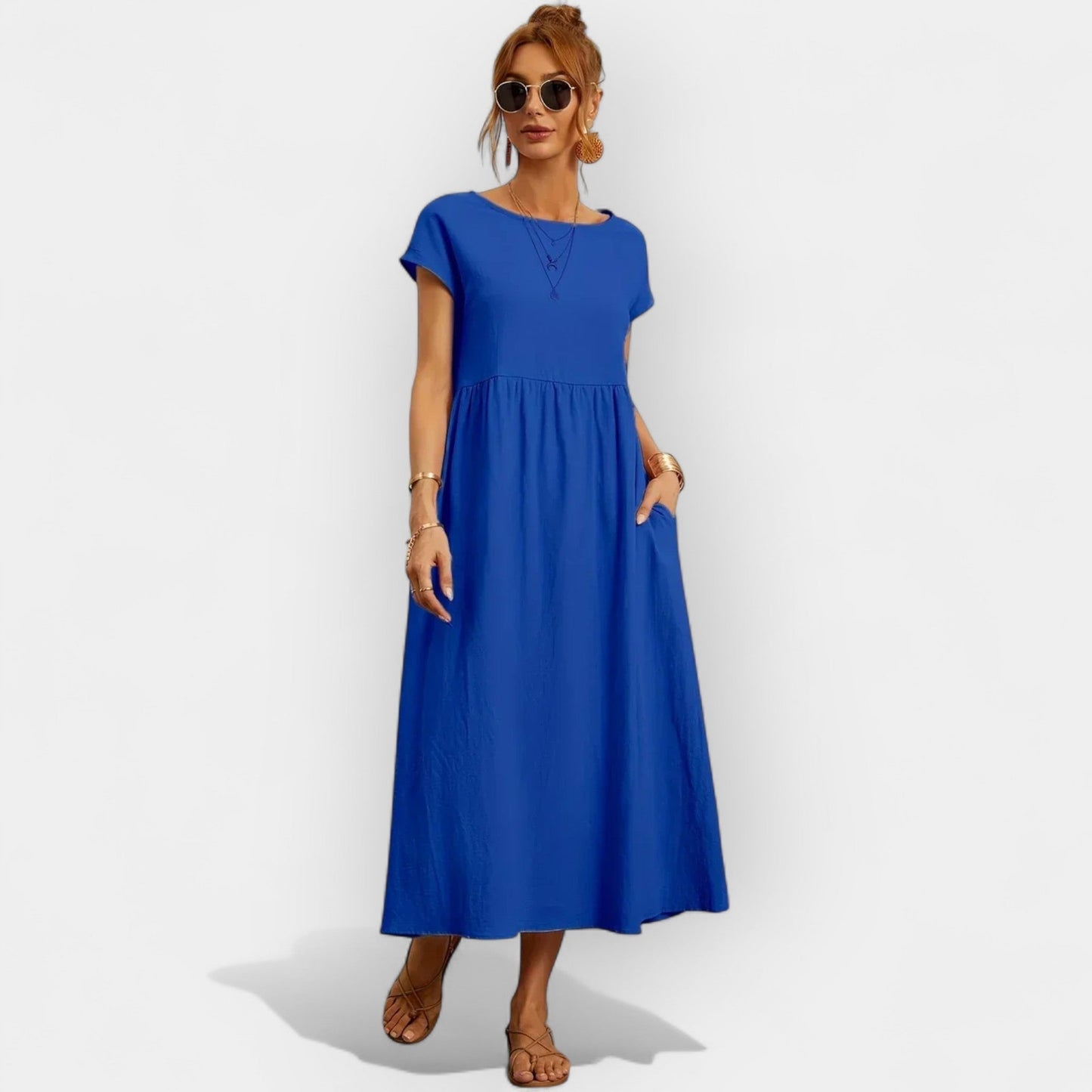 Damen-Midikleid mit kurzen Ärmeln und Seitentaschen-Midi Dress-Alpenkind