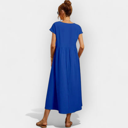 Damen-Midikleid mit kurzen Ärmeln und Seitentaschen-Midi Dress-Alpenkind