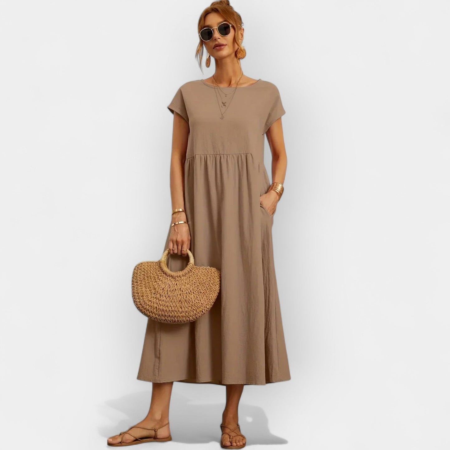Damen-Midikleid mit kurzen Ärmeln und Seitentaschen-Midi Dress-Alpenkind