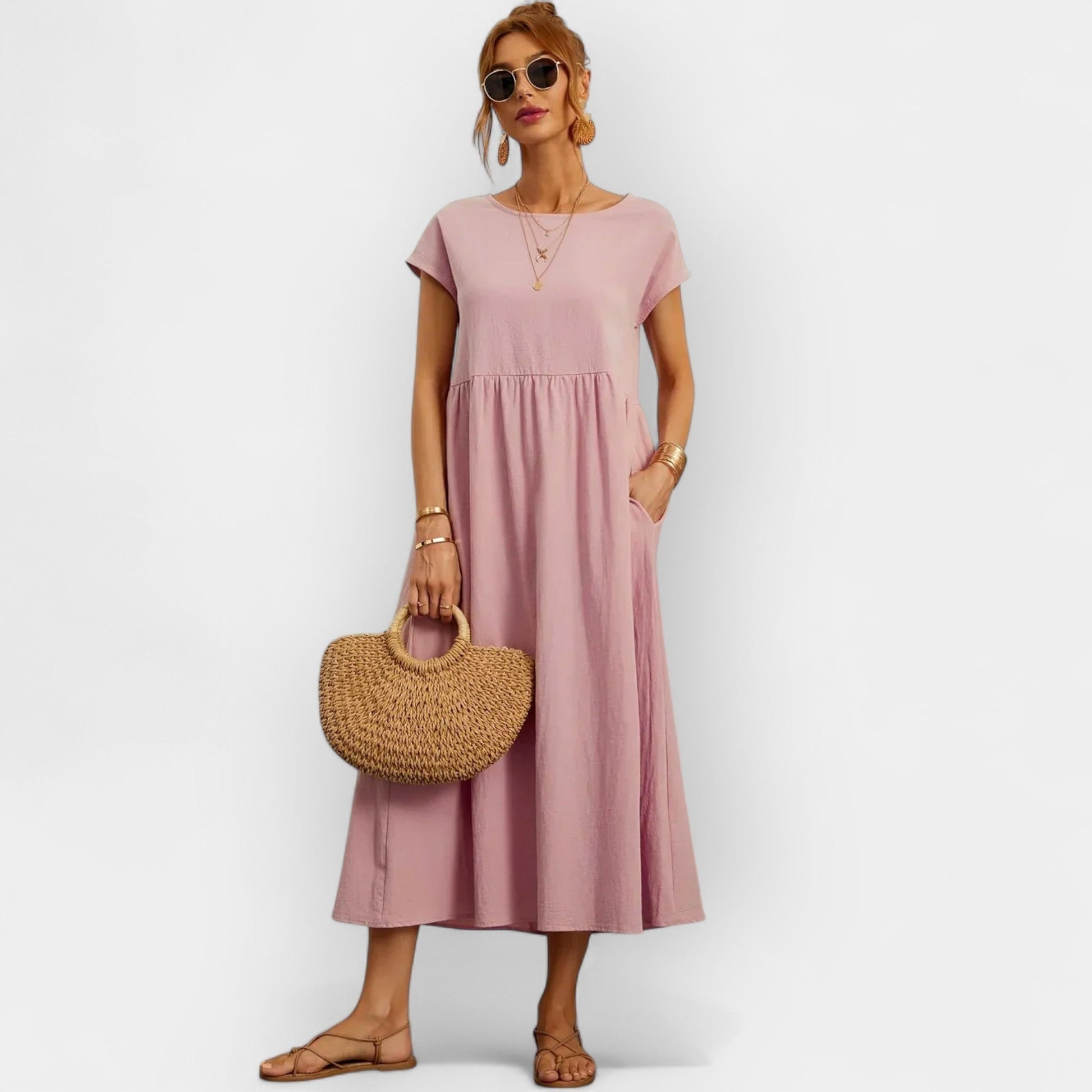 Damen-Midikleid mit kurzen Ärmeln und Seitentaschen-Midi Dress-Alpenkind