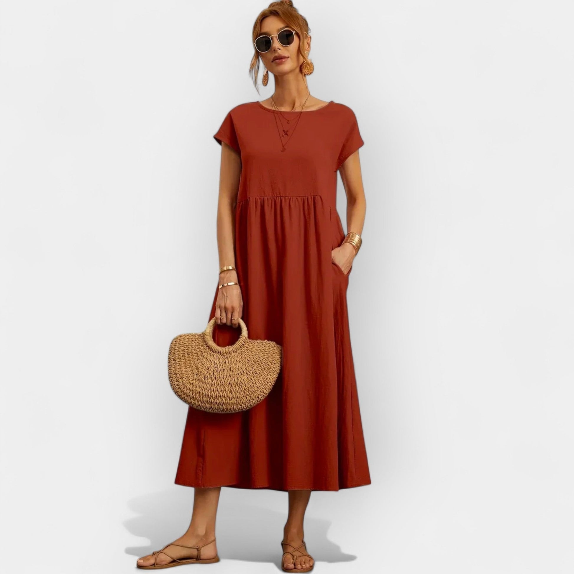 Damen-Midikleid mit kurzen Ärmeln und Seitentaschen-Midi Dress-Alpenkind