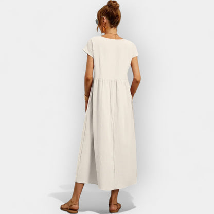Damen-Midikleid mit kurzen Ärmeln und Seitentaschen-Midi Dress-Alpenkind