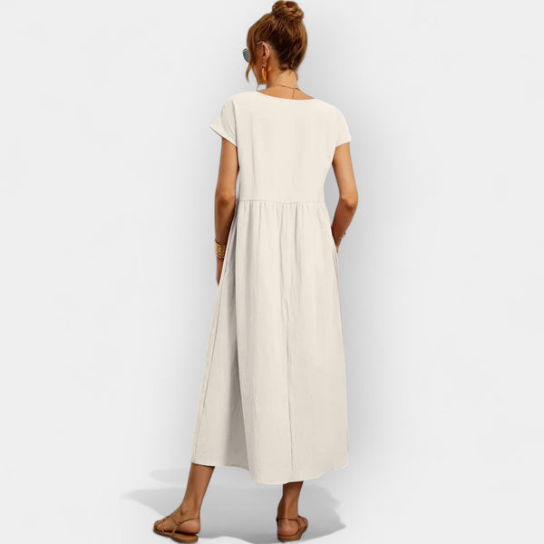 Damen-Midikleid mit kurzen Ärmeln und Seitentaschen-Midi Dress-Alpenkind