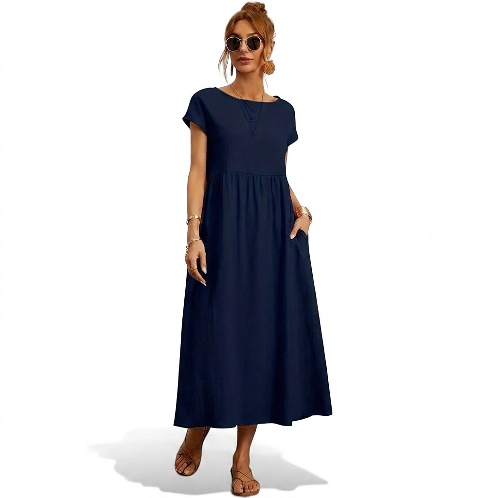 Damen-Midikleid mit kurzen Ärmeln und Seitentaschen-Midi Dress-Alpenkind