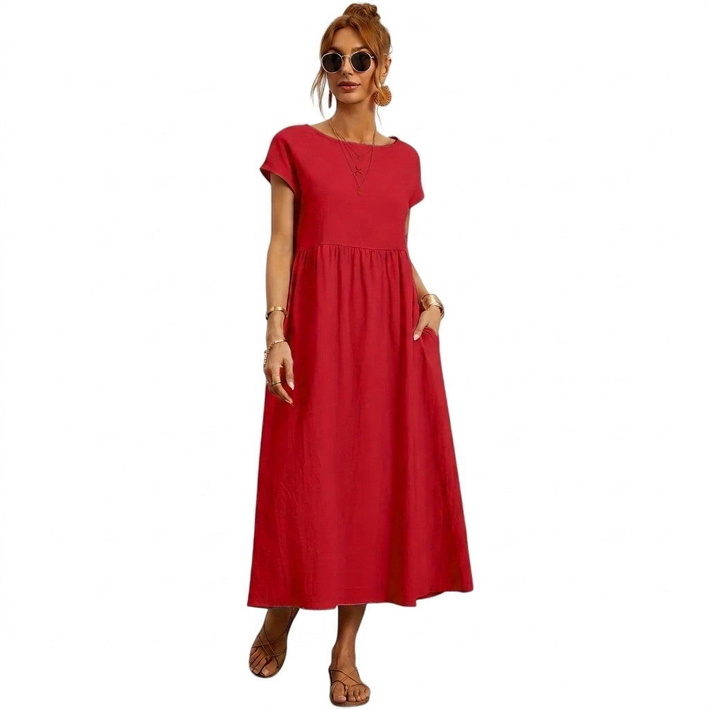 Damen-Midikleid mit kurzen Ärmeln und Seitentaschen-Midi Dress-Alpenkind